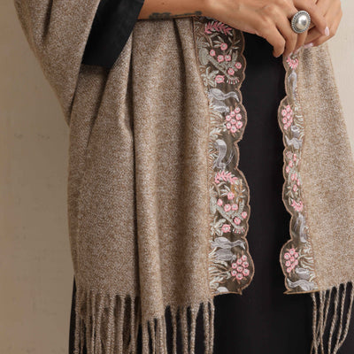 trueBrowns Beige Embroidered Woollen Stole