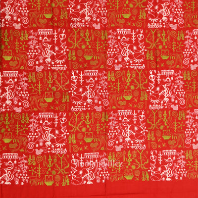 Red Parrot green Tribal Design Sambalpuri Cotton Dress set with Dupatta