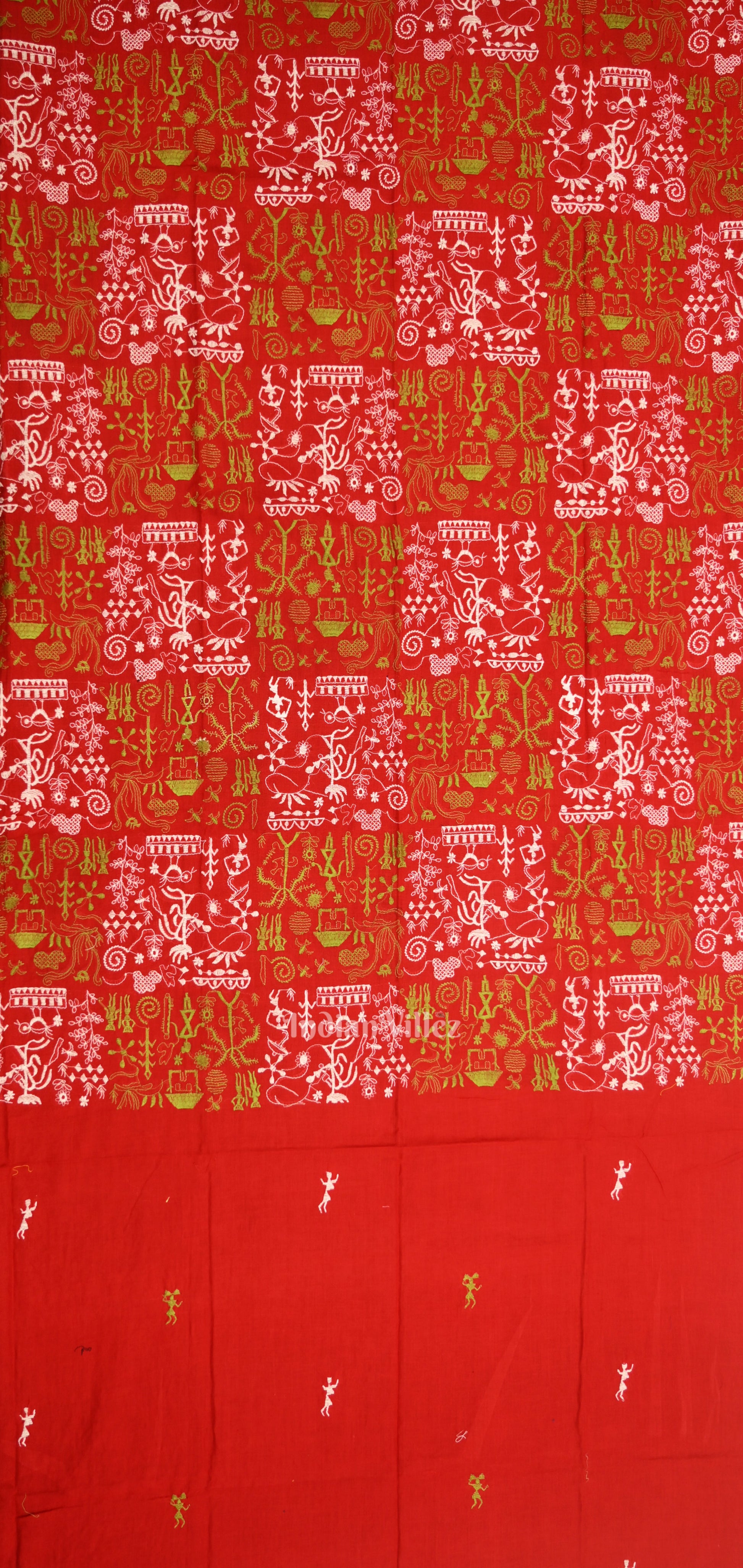Red Parrot green Tribal Design Sambalpuri Cotton Dress set with Dupatta