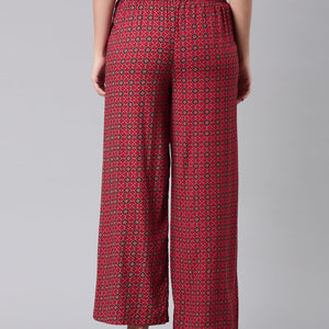 Women Red Woven Viscose Mid Rise Printed Palazzo