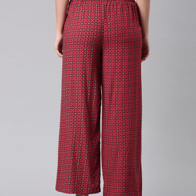 Women Red Woven Viscose Mid Rise Printed Palazzo