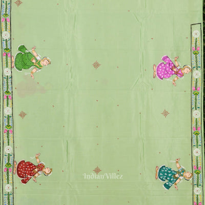 Pista Green Odishi Dancer Hand-Painted Pattachitra Saree