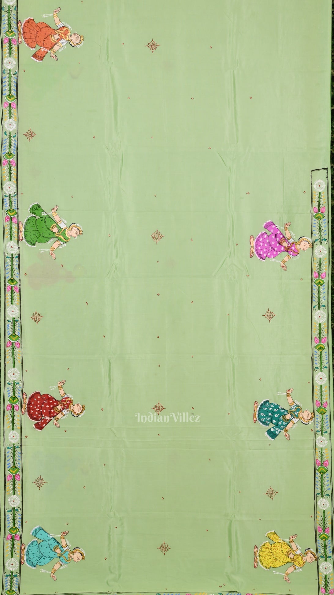 Pista Green Odishi Dancer Hand-Painted Pattachitra Saree
