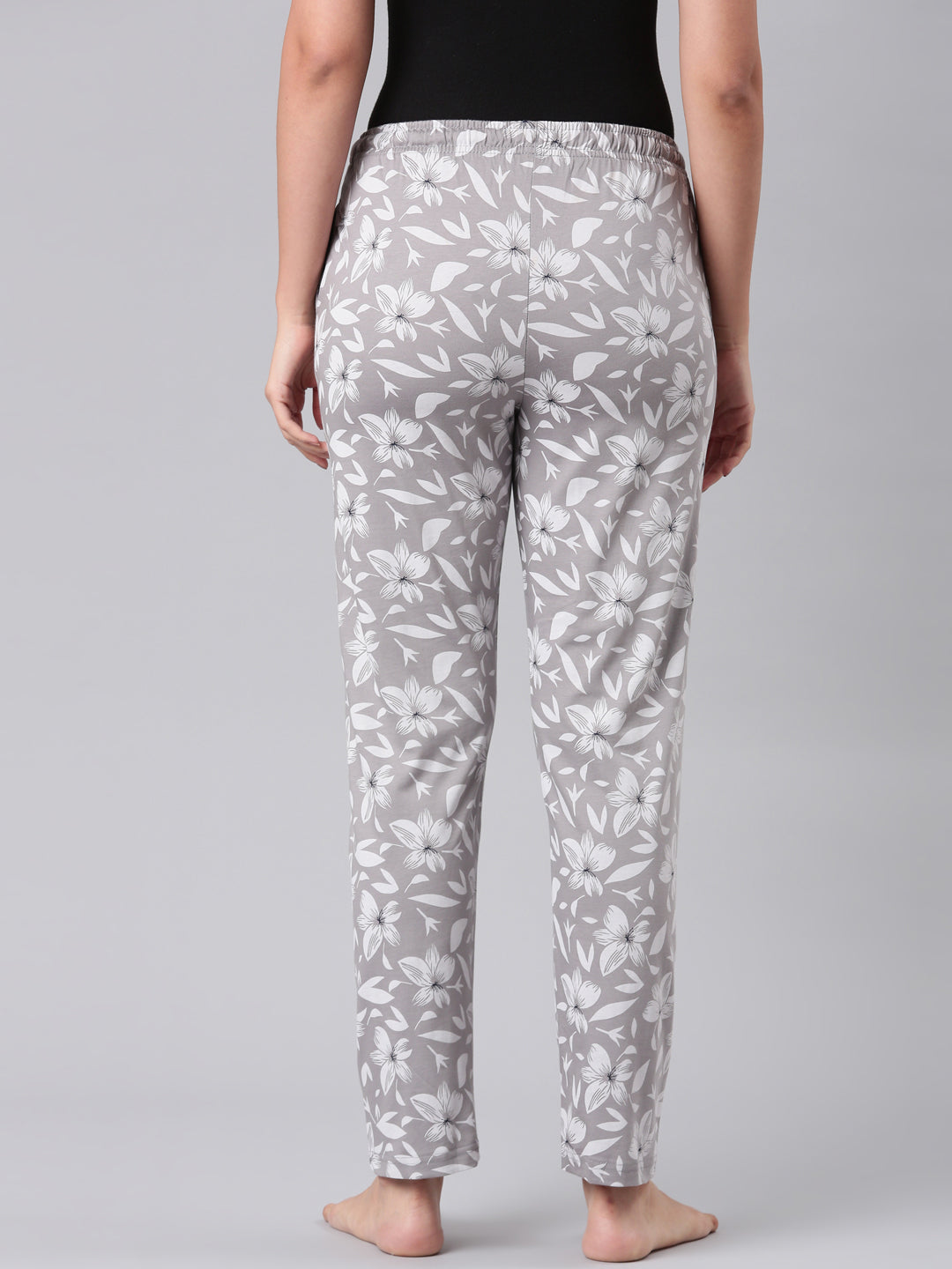 Women Printed Grey Cotton Knit Lounge Pants