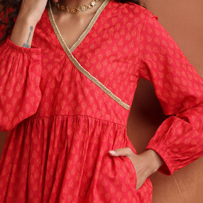 trueBrowns Red Print Angrakha Co-ord Set