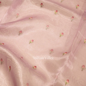 Baby Pink Floral Theme Kora Organza Banarasi Saree