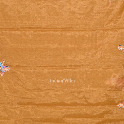 Honey Gold Radha  Krishna Theme Hand- Painted Pattachitra Saree