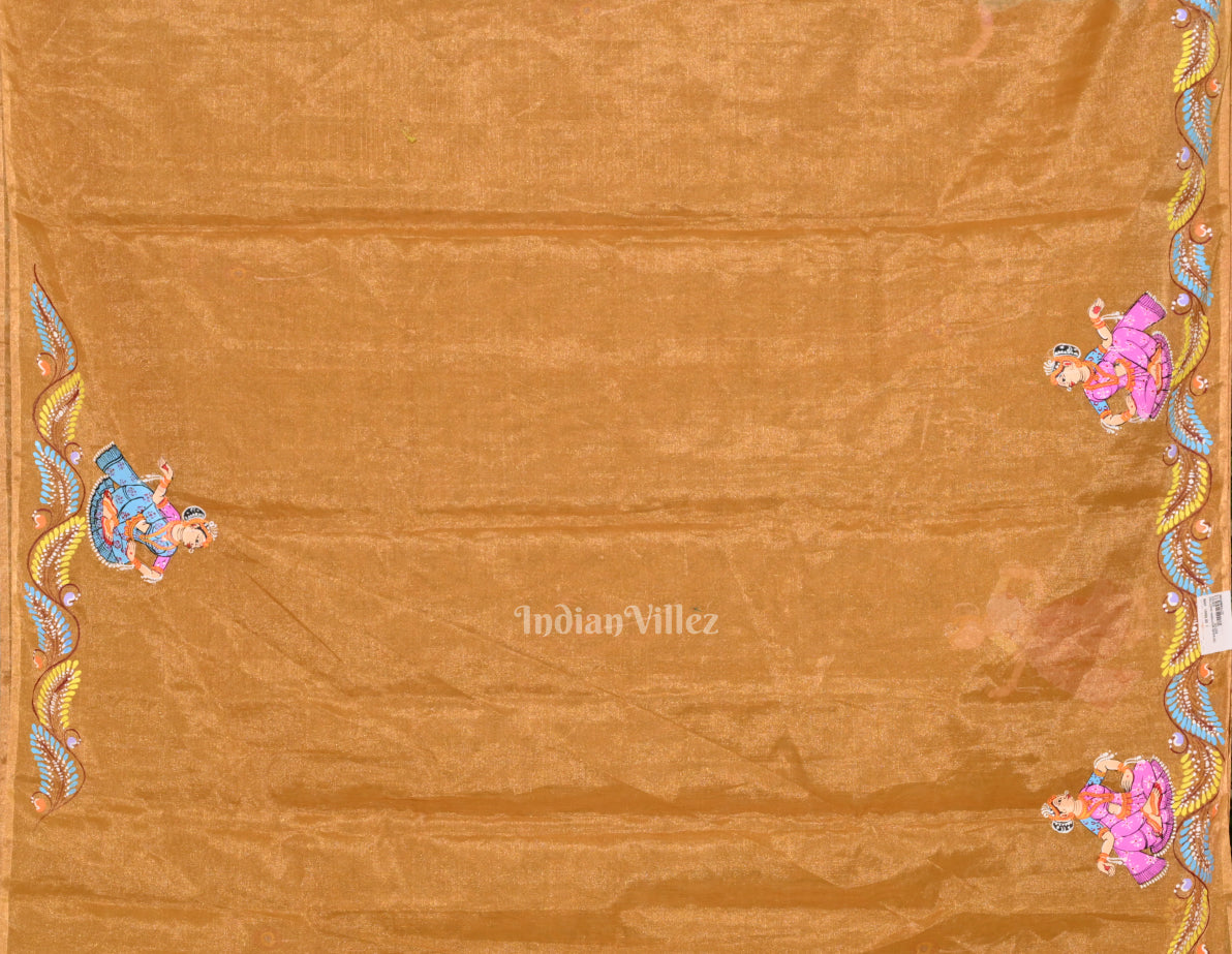 Honey Gold Radha  Krishna Theme Hand- Painted Pattachitra Saree