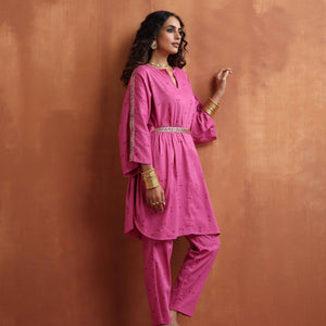 trueBrowns Pink Print Kaftan Kurta Co-ord Set