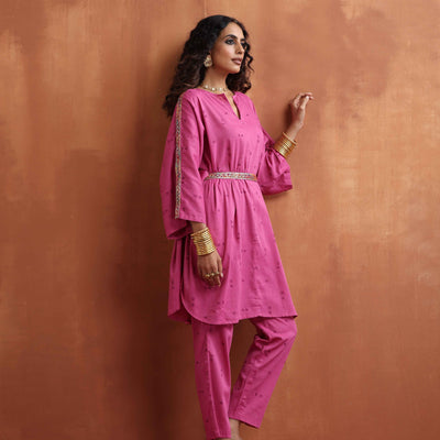 trueBrowns Pink Print Kaftan Kurta Co-ord Set