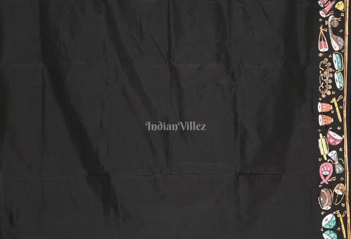 Black Sitar Instrument Hand-Painted Pattachitra Saree