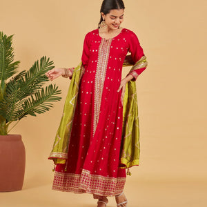Bright Red Anarkali Set With Lime Green Dupatta