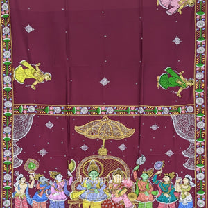 Magenta Ramayan Theme Hand-Painted Pattachitra Saree