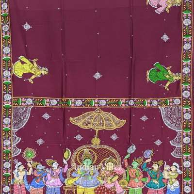 Magenta Ramayan Theme Hand-Painted Pattachitra Saree