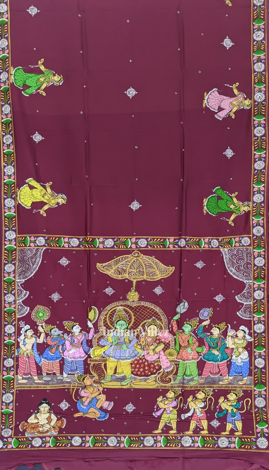 Magenta Ramayan Theme Hand-Painted Pattachitra Saree