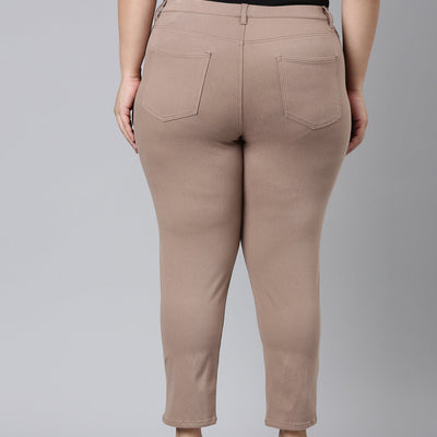 Women Solid Light Chocolate Mid Rise Cropped Jeggings