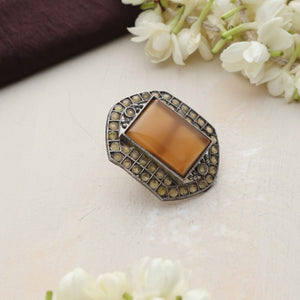 trueBrowns Silver Tone Yellow Stone Ring