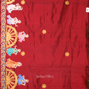 Beige Cream Maroon Nataki Konark Temple Hand-Painted Pattachitra Saree