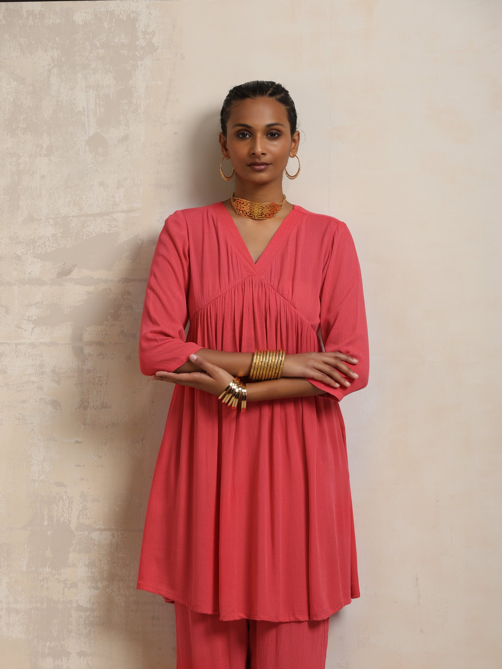 trueBrowns Peach Crinkle Flared Kurta Co-ord Set