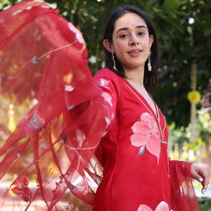 Raspberry Blush Red Handpainted Satin Suit Set