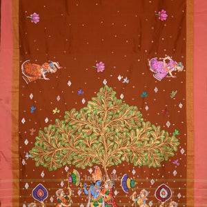 Brown Radha Krishna Raas Leela Hand-Painted Pattachitra Saree