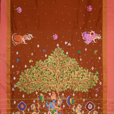 Brown Radha Krishna Raas Leela Hand-Painted Pattachitra Saree