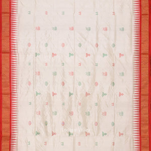 White Red Laxmi Pada Bomkai Sambalpuri Silk Saree with Tissue Anchal