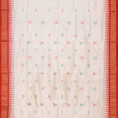 White Red Laxmi Pada Bomkai Sambalpuri Silk Saree with Tissue Anchal