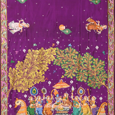 Violet Radha Krishna Boita Hand-Painted Pattachitra Saree