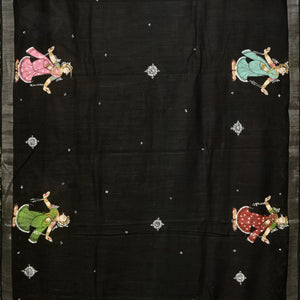 Black Radha Krishna Rasa Theme Hand-Painted Pattachitra Saree