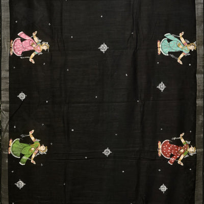 Black Radha Krishna Rasa Theme Hand-Painted Pattachitra Saree