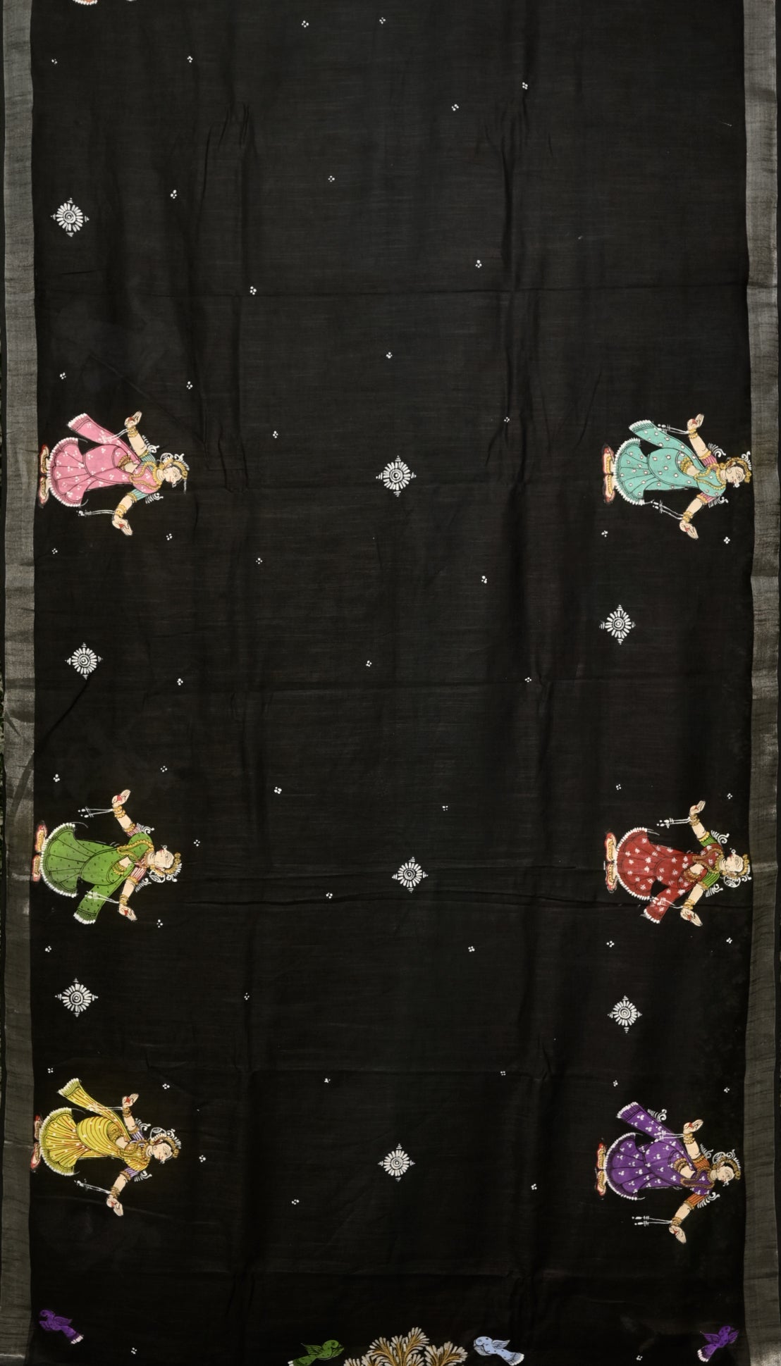 Black Radha Krishna Rasa Theme Hand-Painted Pattachitra Saree