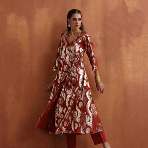 trueBrowns Rust Metallic Angrakha Kurta Set