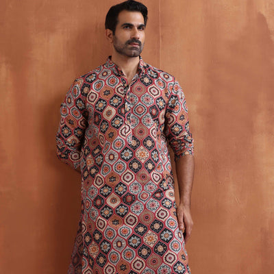 trueBrowns Men's Rust Geometric Printed Kurta