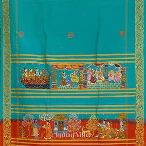 Green Ramayan Theme Hand-Painted Pattachitra Saree