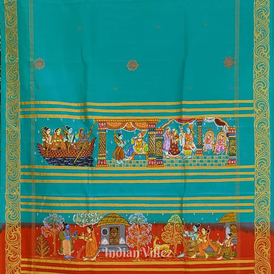 Green Ramayan Theme Hand-Painted Pattachitra Saree