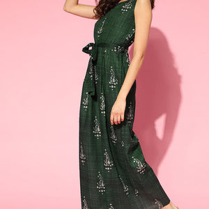 Green Cotton Sleeveless Ethnic Motifs Jumpsuit VJMP1024