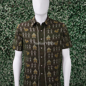 Moss Green Tribal Art Odisha Ikat Cotton Half Sleeve Shirt for Men