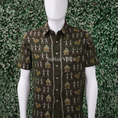 Moss Green Tribal Art Odisha Ikat Cotton Half Sleeve Shirt for Men