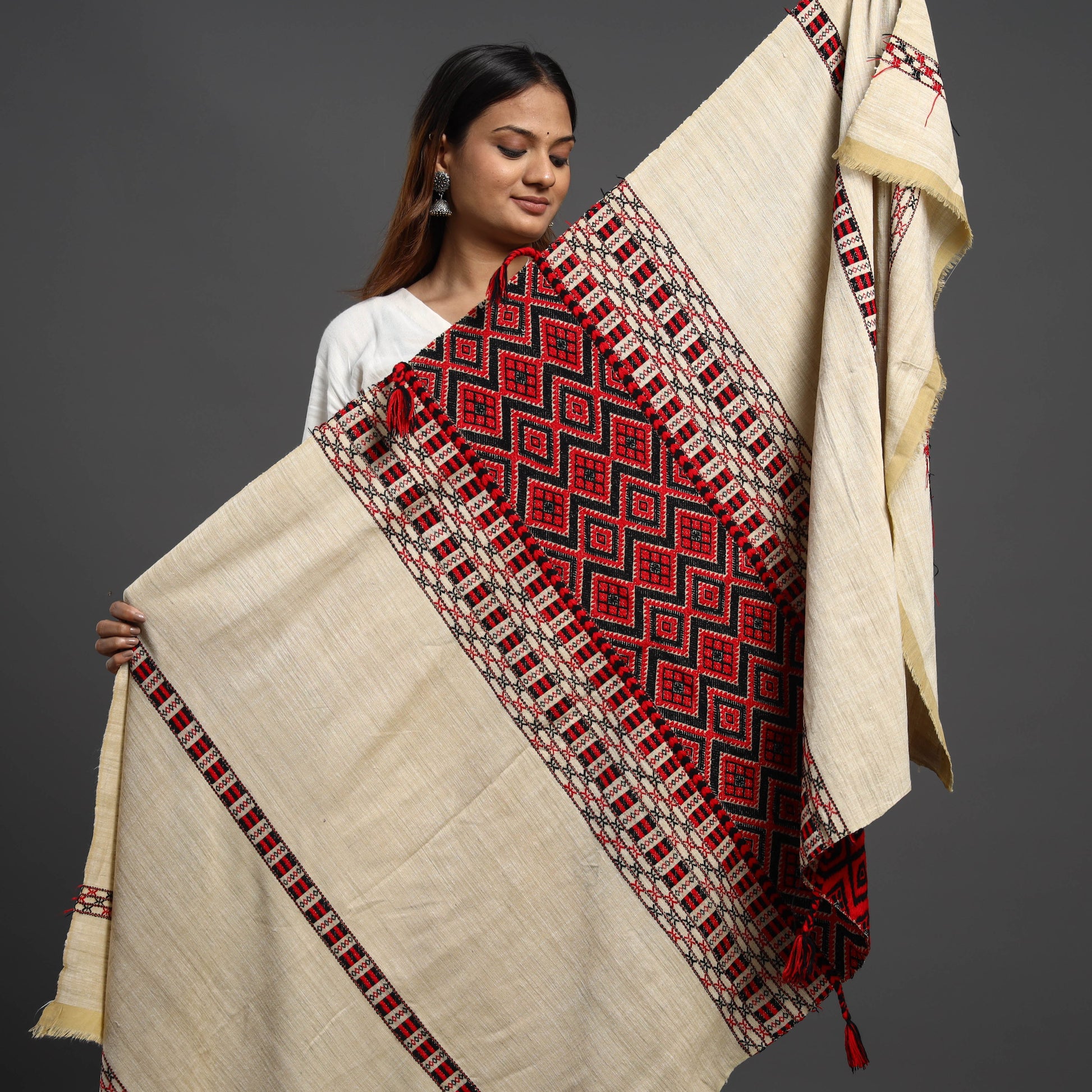 Beige - Assamese Gero Design Mising Eri Silk Handloom Shawl cum Stole