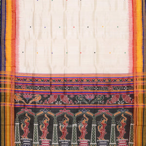 White Kathiphera Khandua Silk Saree with Odissi Dancer Pallu