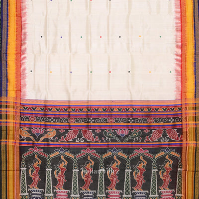 White Kathiphera Khandua Silk Saree with Odissi Dancer Pallu