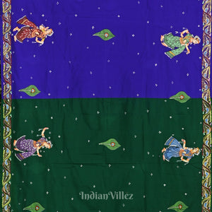 Green with Krishna Radha Theme Hand-Painted Pattachitra Saree