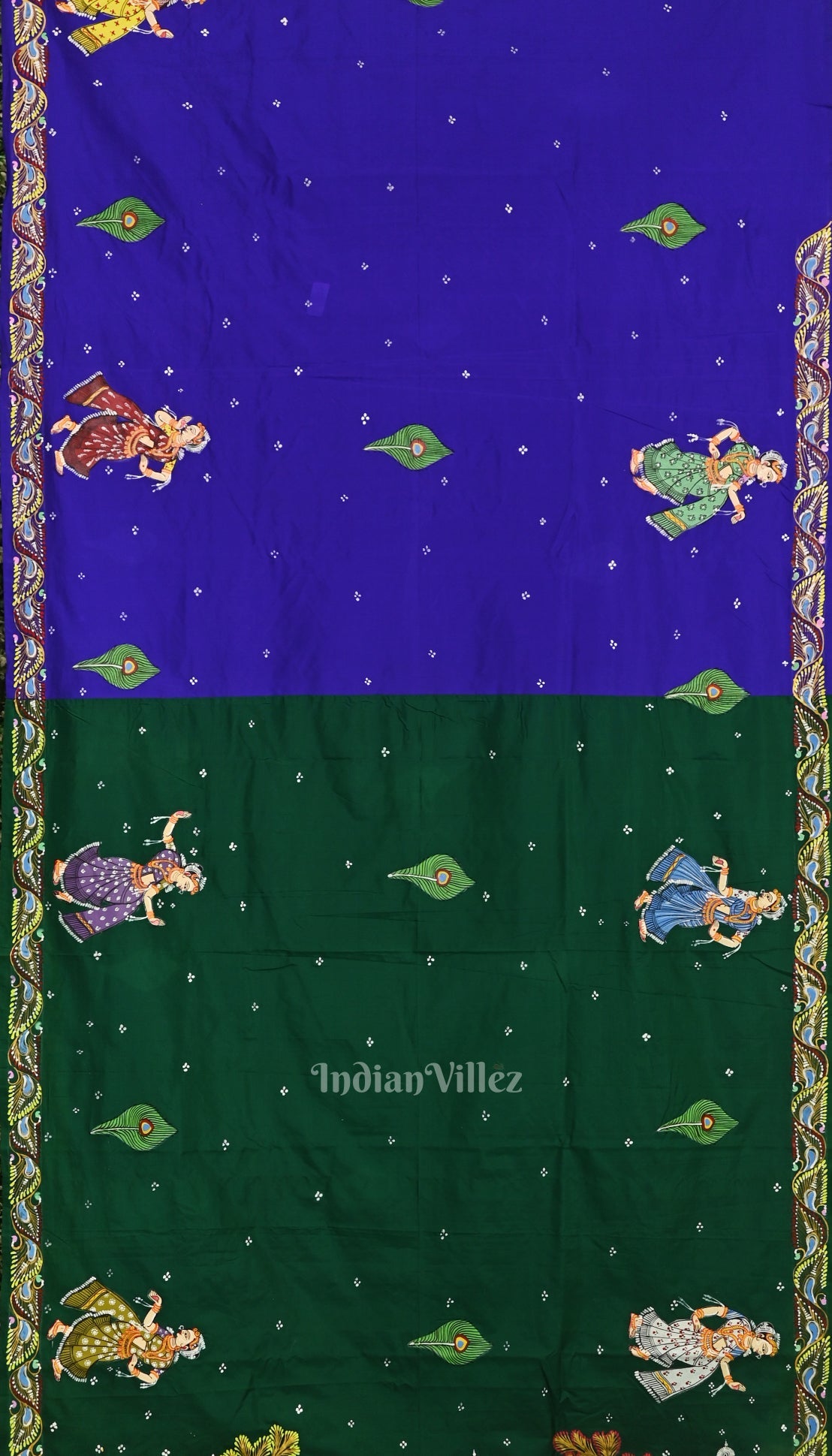 Green with Krishna Radha Theme Hand-Painted Pattachitra Saree