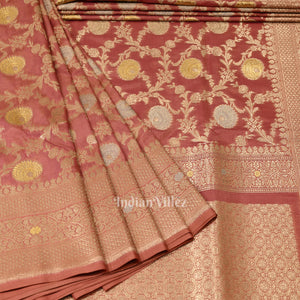 Peach Pink Meenakari Pure Mashru Satin Silk Banarasi Saree
