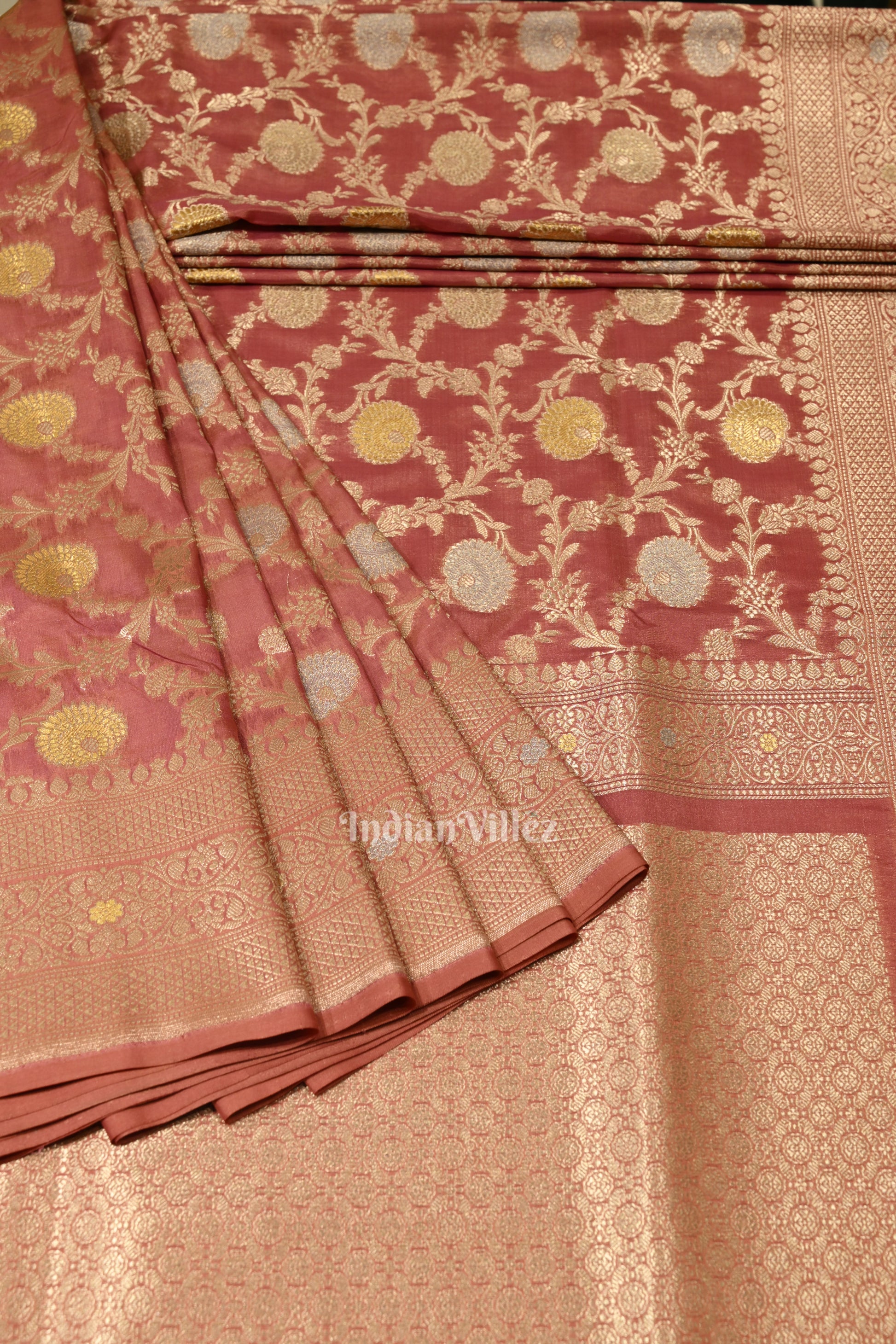 Peach Pink Meenakari Pure Mashru Satin Silk Banarasi Saree