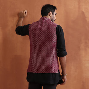 trueBrowns Men's Dark Purple Cotton Dobby Nehru Jacket