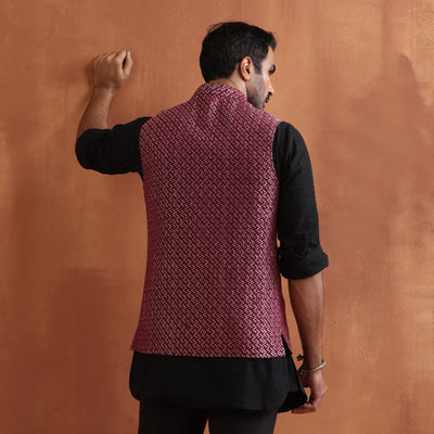 trueBrowns Men's Dark Purple Cotton Dobby Nehru Jacket