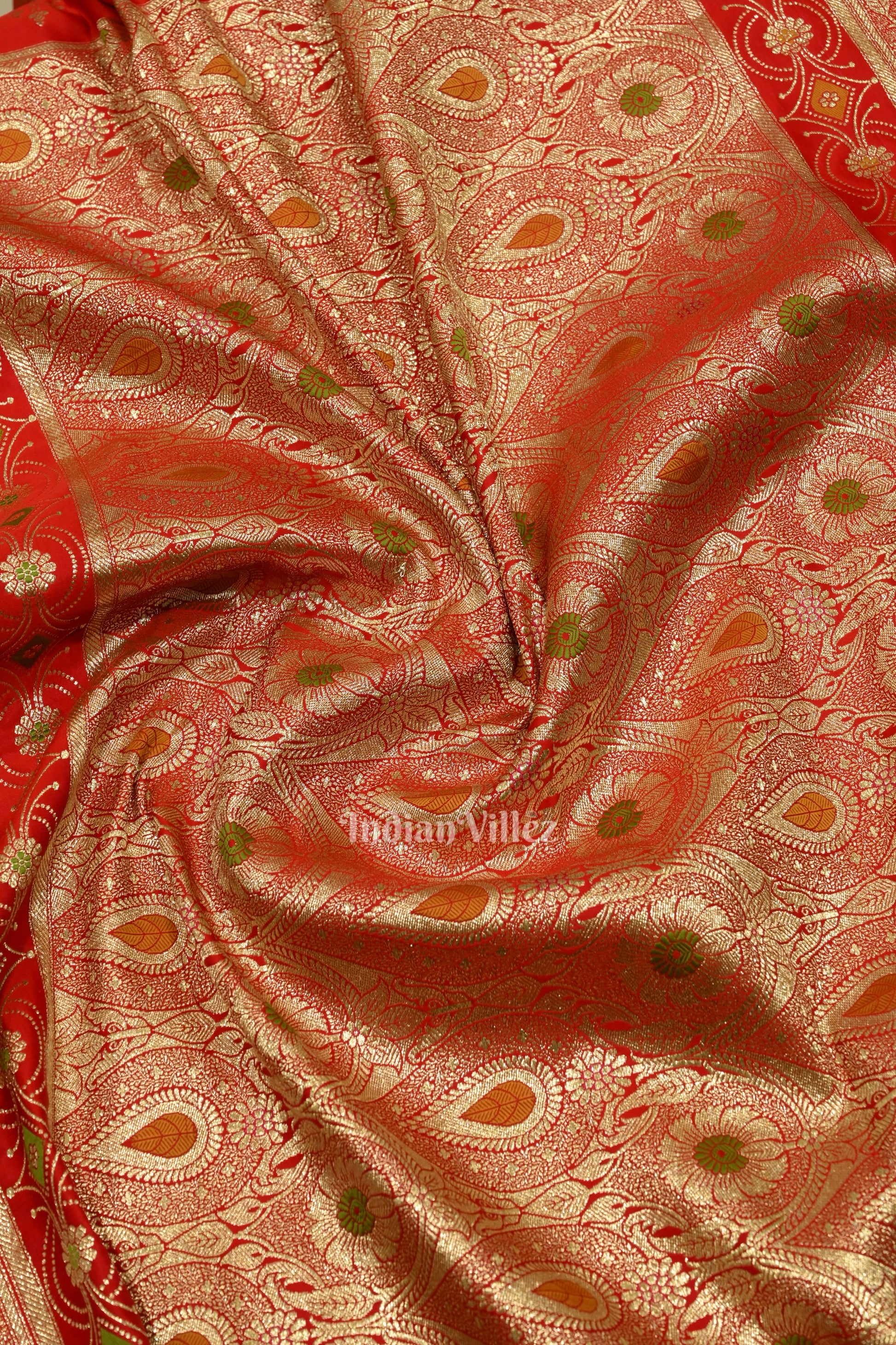 Exclusive Pure Red Bridal Meenakari Pure Mashru Satin Silk Banarasi Saree