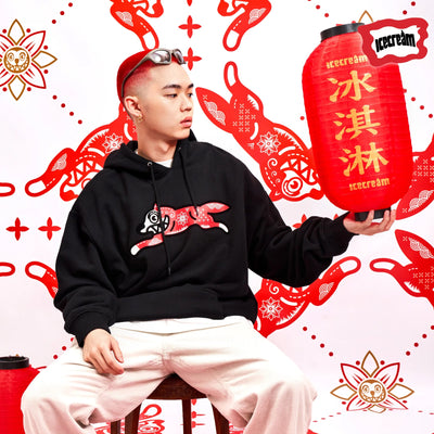 Icecream | KIRIGAMI RUNNING DOG FLOCK HOODIE  { BLACK